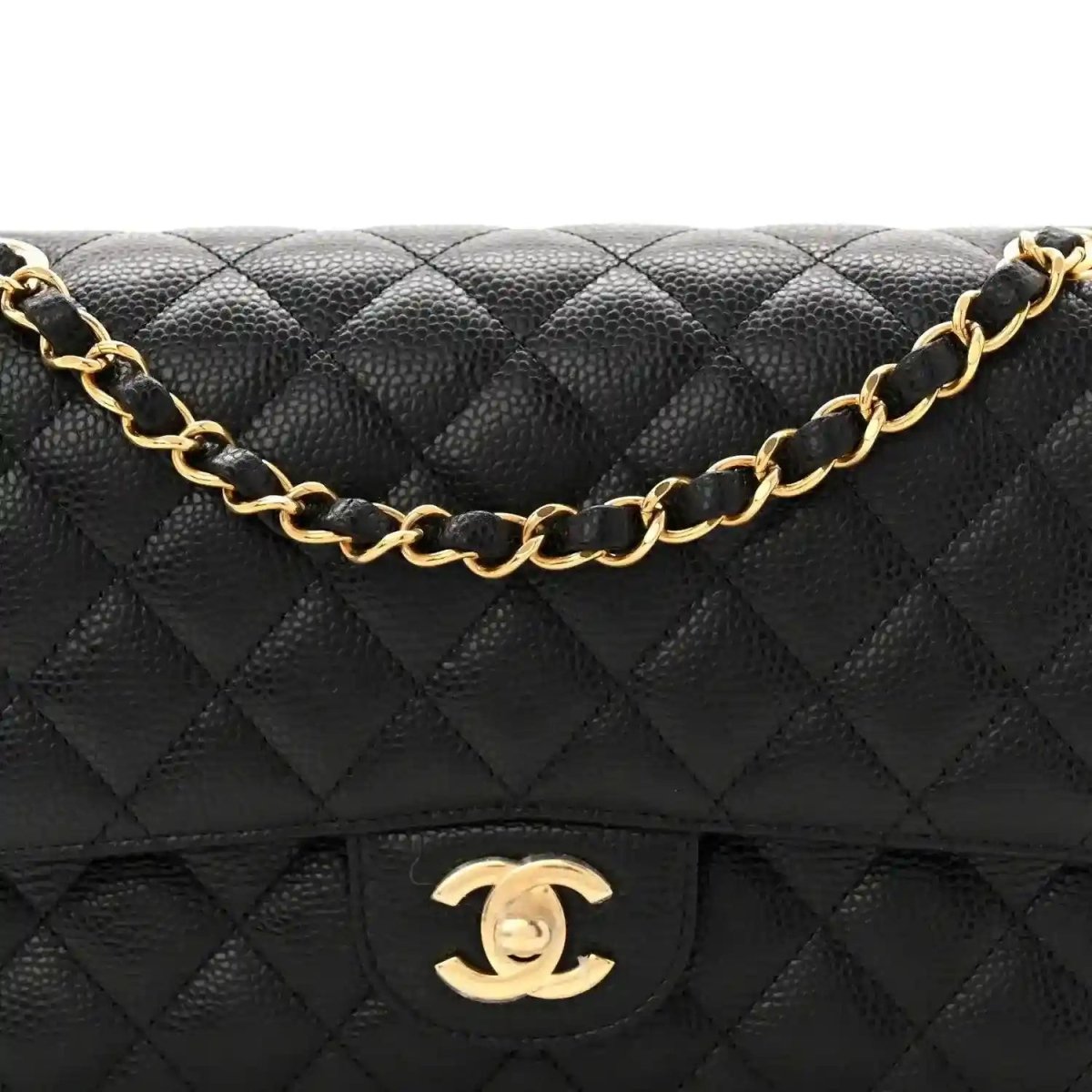 Black quilted caviar leather flap with gold chain and Chanel-style logo