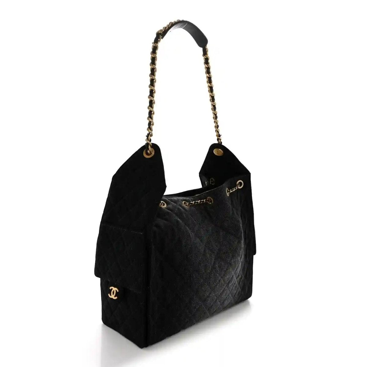 Chanel medium quilted denim shoulder bag in black with gold chain strap and side pocket