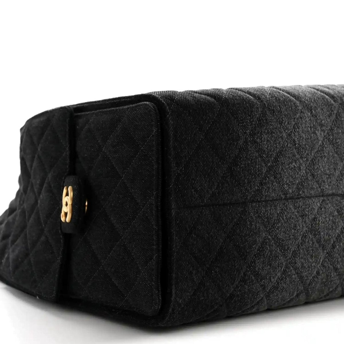Chanel medium quilted denim shoulder bag in black with gold side emblem