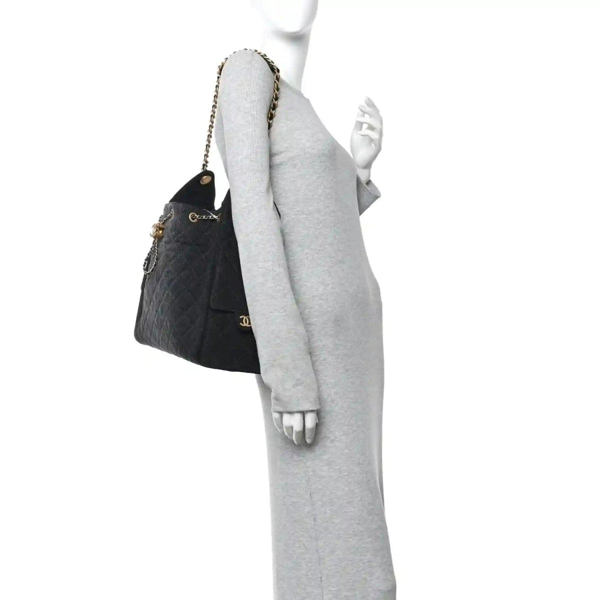 Chanel medium quilted denim shoulder bag with gold chain strap and top handle