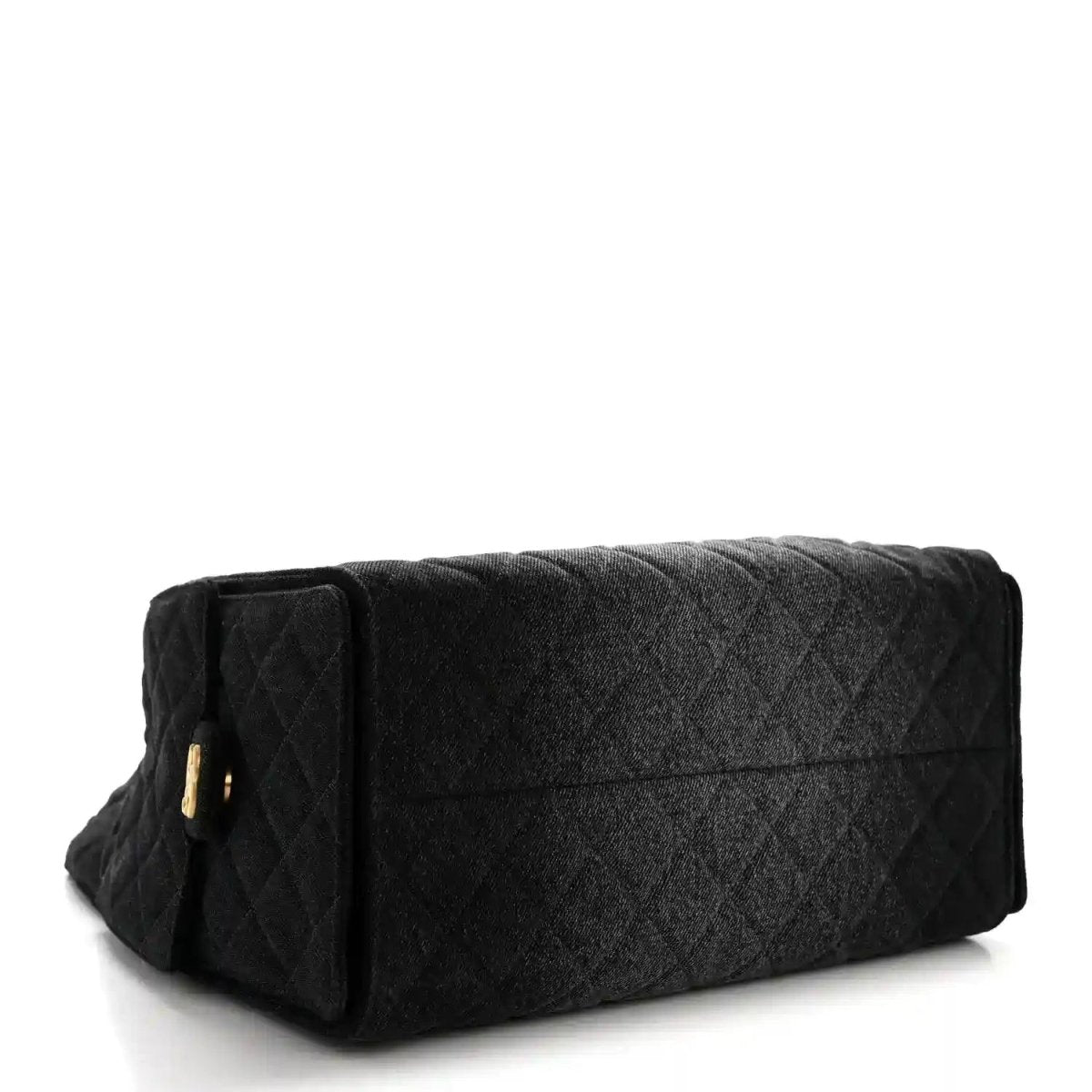 Chanel medium quilted denim shoulder bag in black with flap back and gold zipper pull