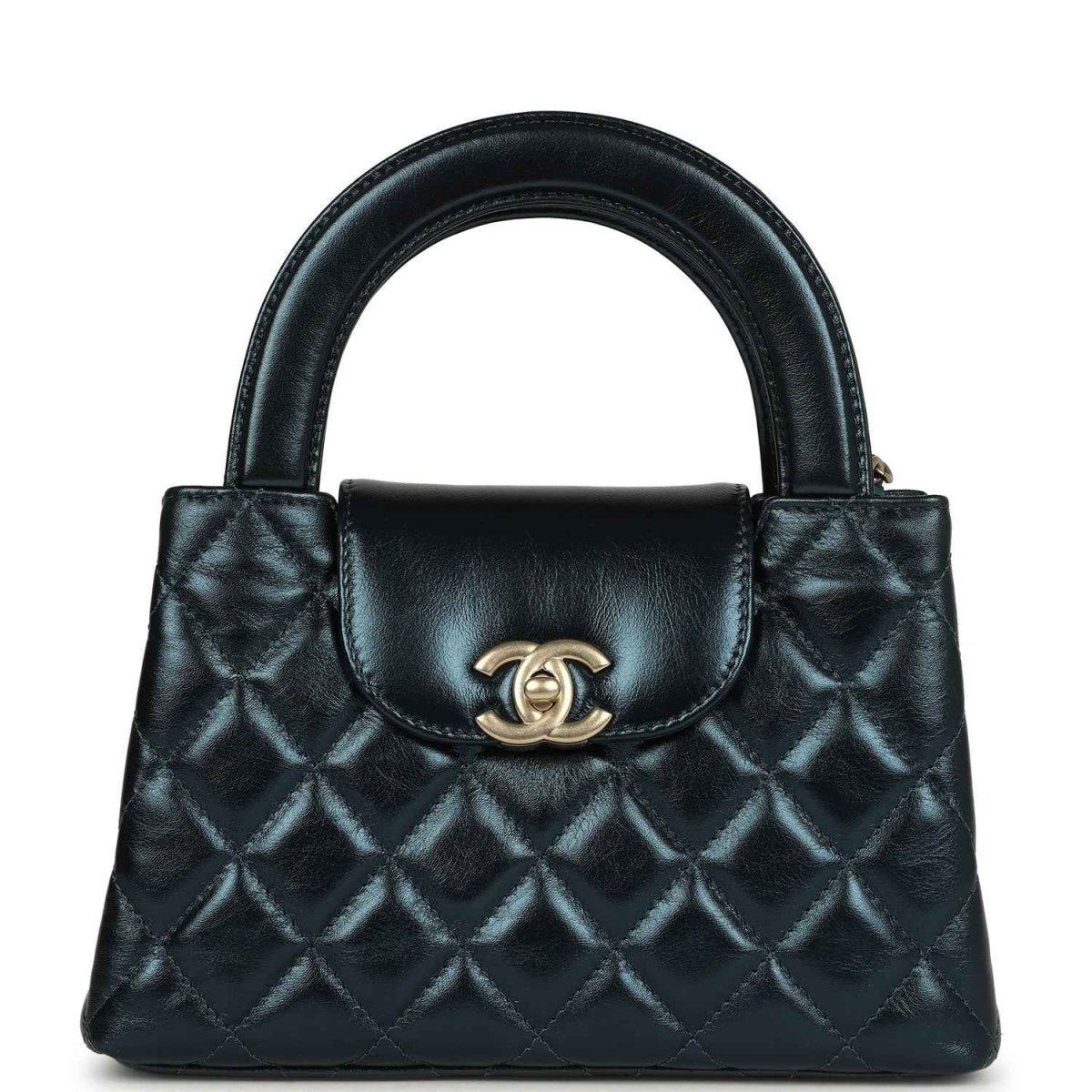 Metallic blue quilted Kelly shopper bag with Chanel logo and gold hardware