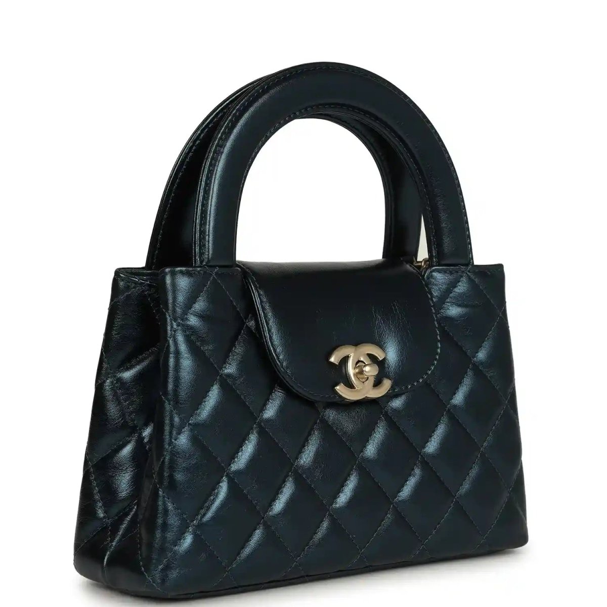 Metallic blue quilted Kelly shopper bag with Chanel logo front, gold hardware