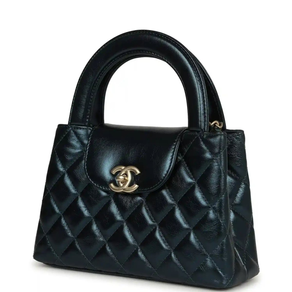 Metallic blue quilted Kelly shopper bag with Chanel logo detail and gold hardware