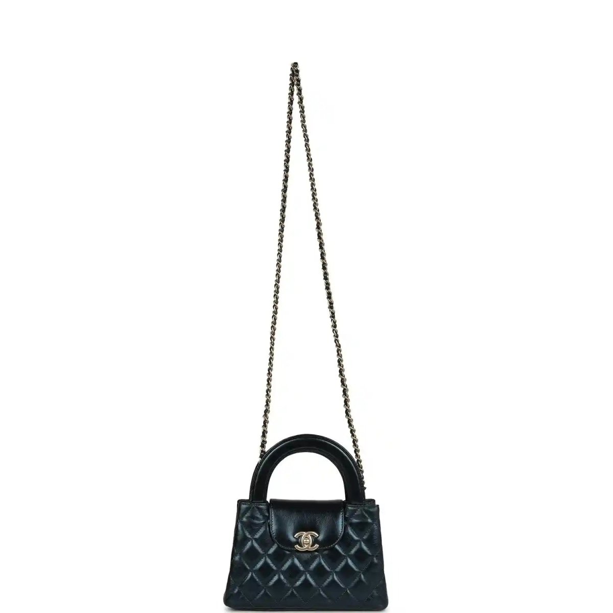 Metallic blue quilted Kelly shopper bag on a chain strap with Chanel logo