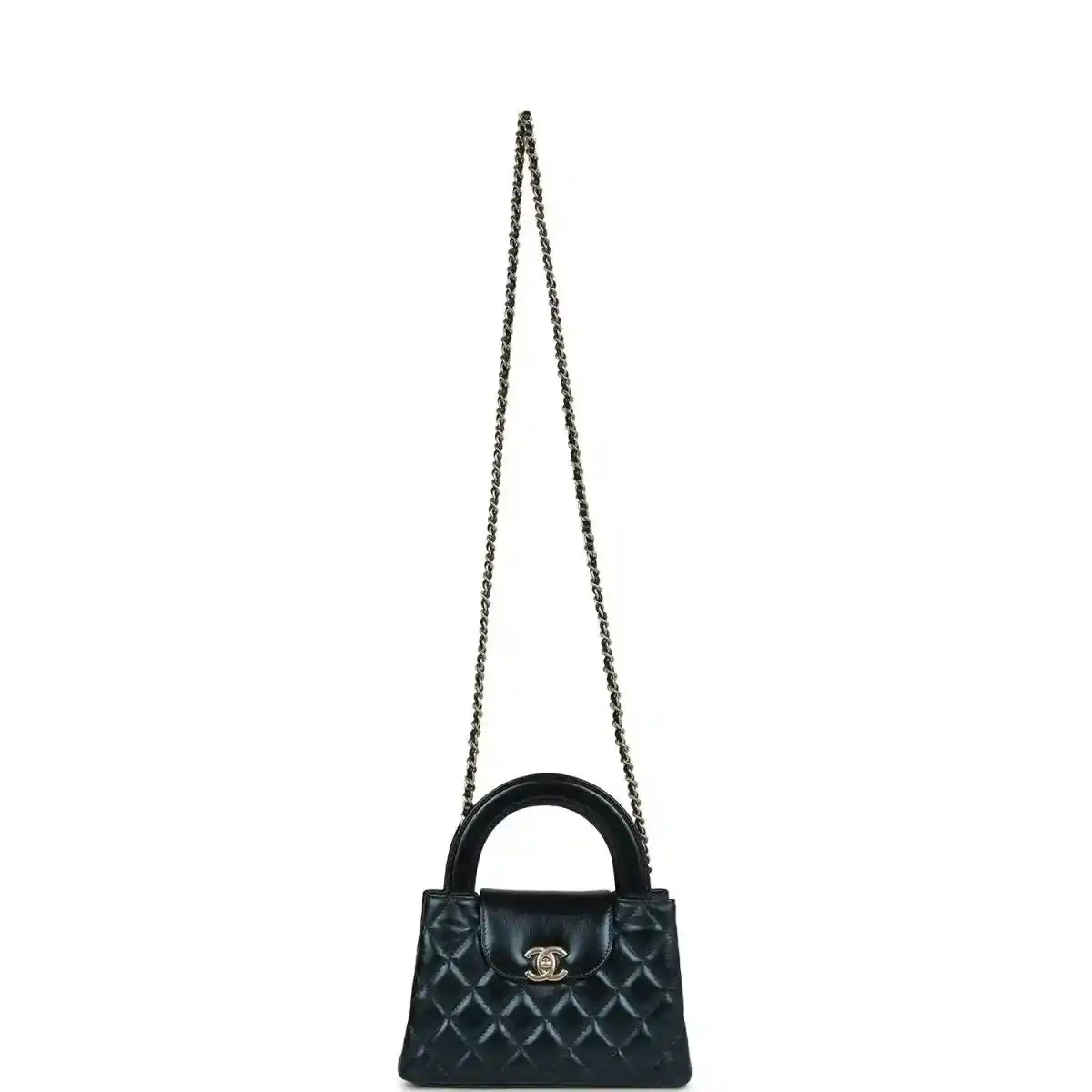 Metallic blue quilted Kelly shopper bag on a chain strap with Chanel logo