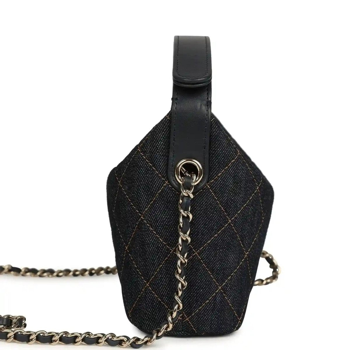 Chanel mini hobo pouch in dark blue denim with gold-tone clasp and chain strap