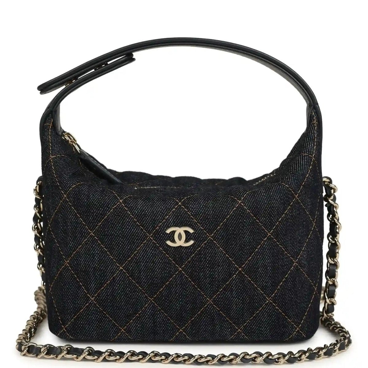 Chanel mini hobo pouch in dark blue denim with gold-tone chain straps and logo