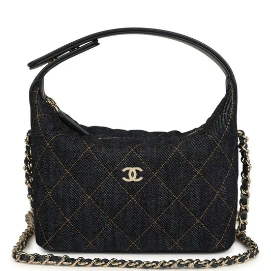 Chanel mini hobo pouch in dark blue denim with gold-tone chain straps and logo