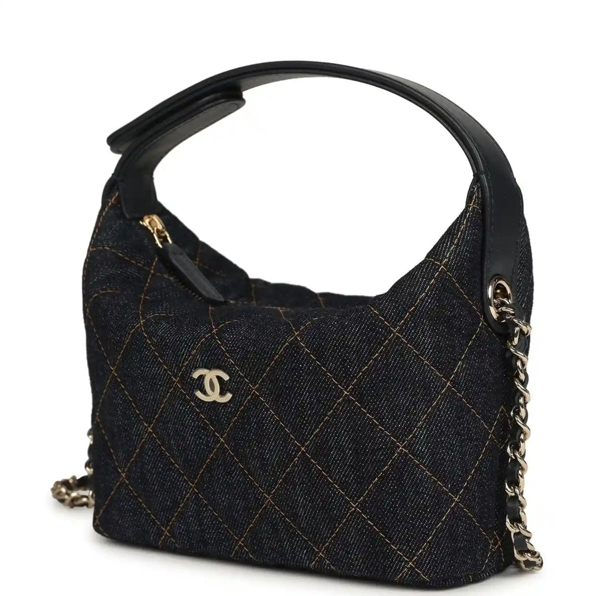 Chanel mini hobo pouch in dark blue denim with gold-tone zipper pull and logo charm
