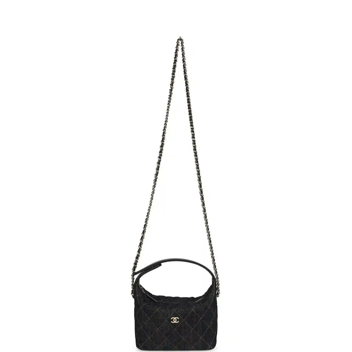 Chanel mini hobo pouch in dark blue denim with long chain strap and logo emblem