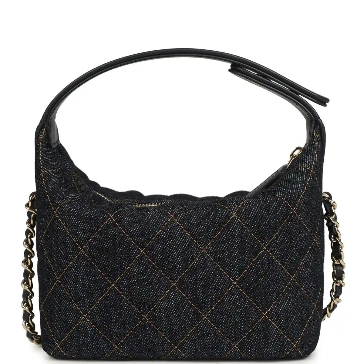 Chanel mini hobo pouch in dark blue denim with quilted diamond stitching and gold-tone links