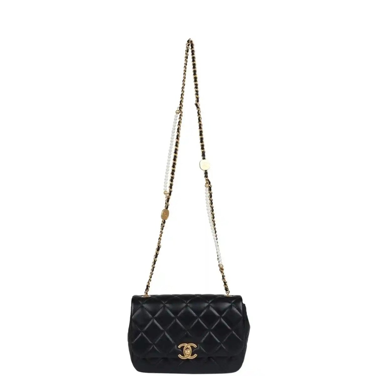 Black quilted lambskin mini flap bag with long chain strap and Chanel CC emblem