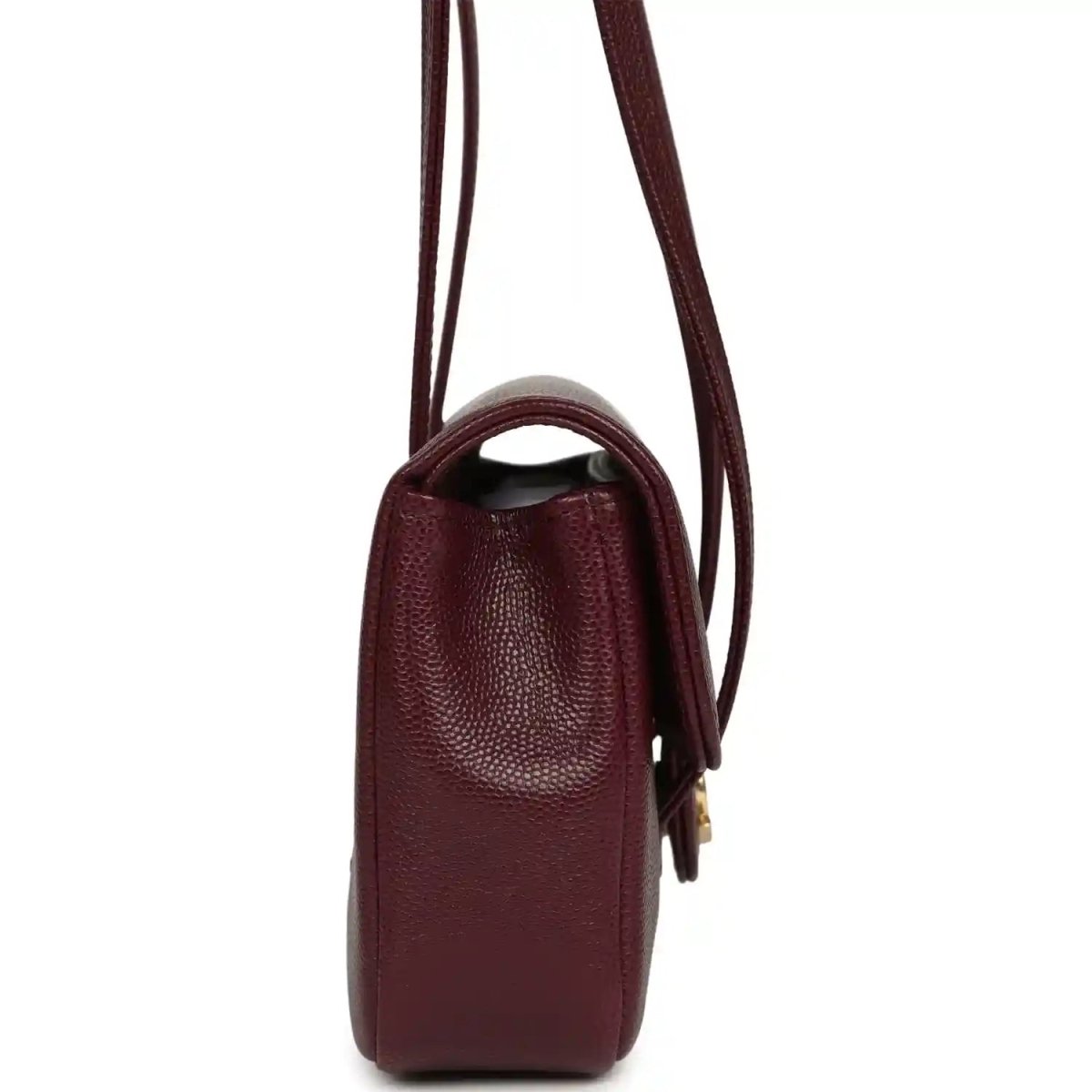 Mini clutch bag in dark burgundy caviar leather with top loop handles, side view