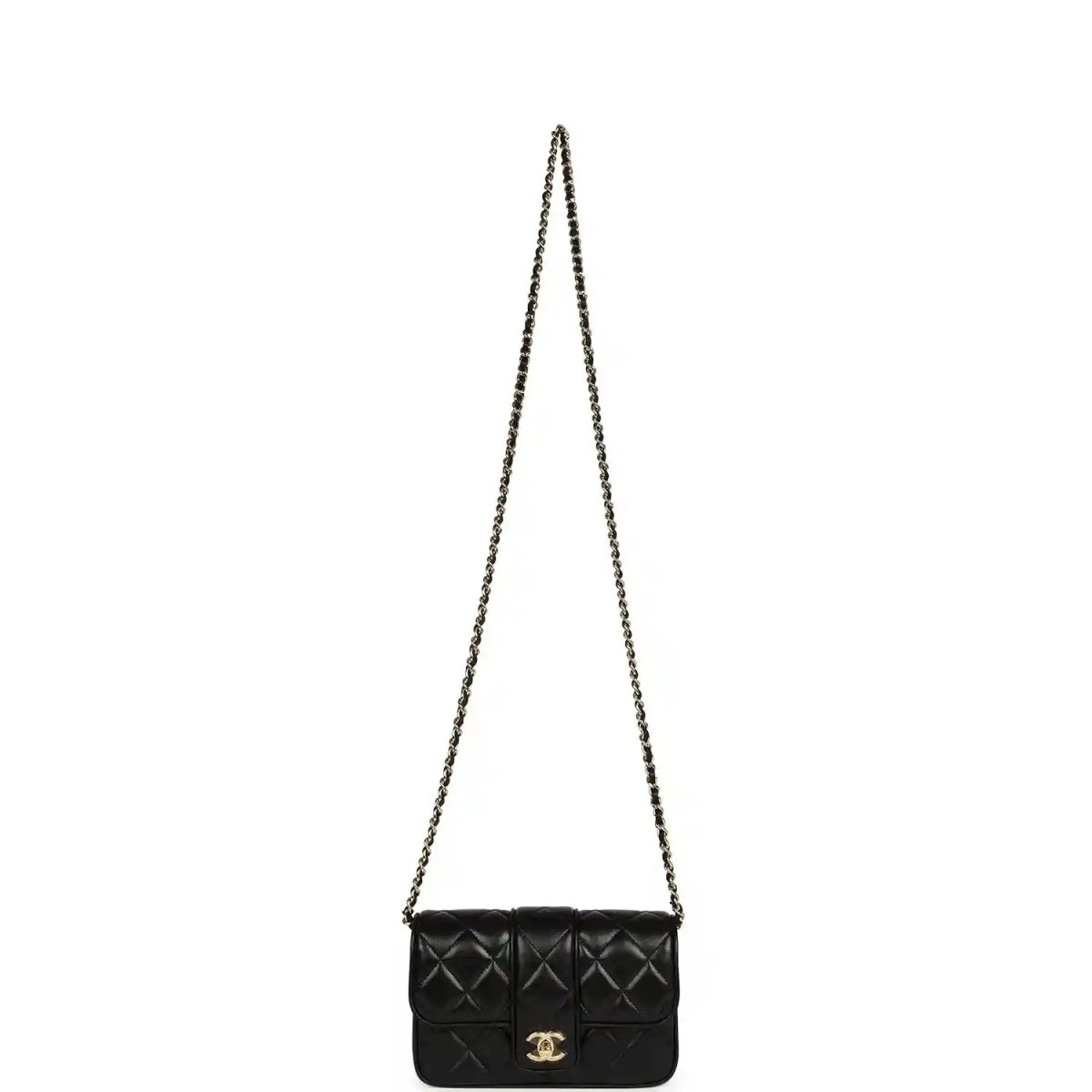 Chanel mini flap bag in black quilted lambskin with gold chain shoulder strap
