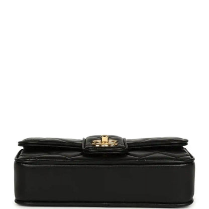 Chanel mini flap bag in black lambskin with gold clasp on top