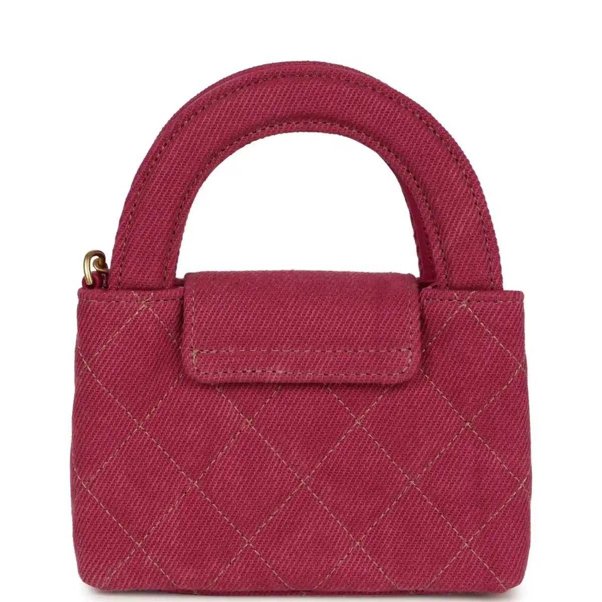 Fuchsia denim mini tote bag with quilted pattern, front flap, and gold CC clasp