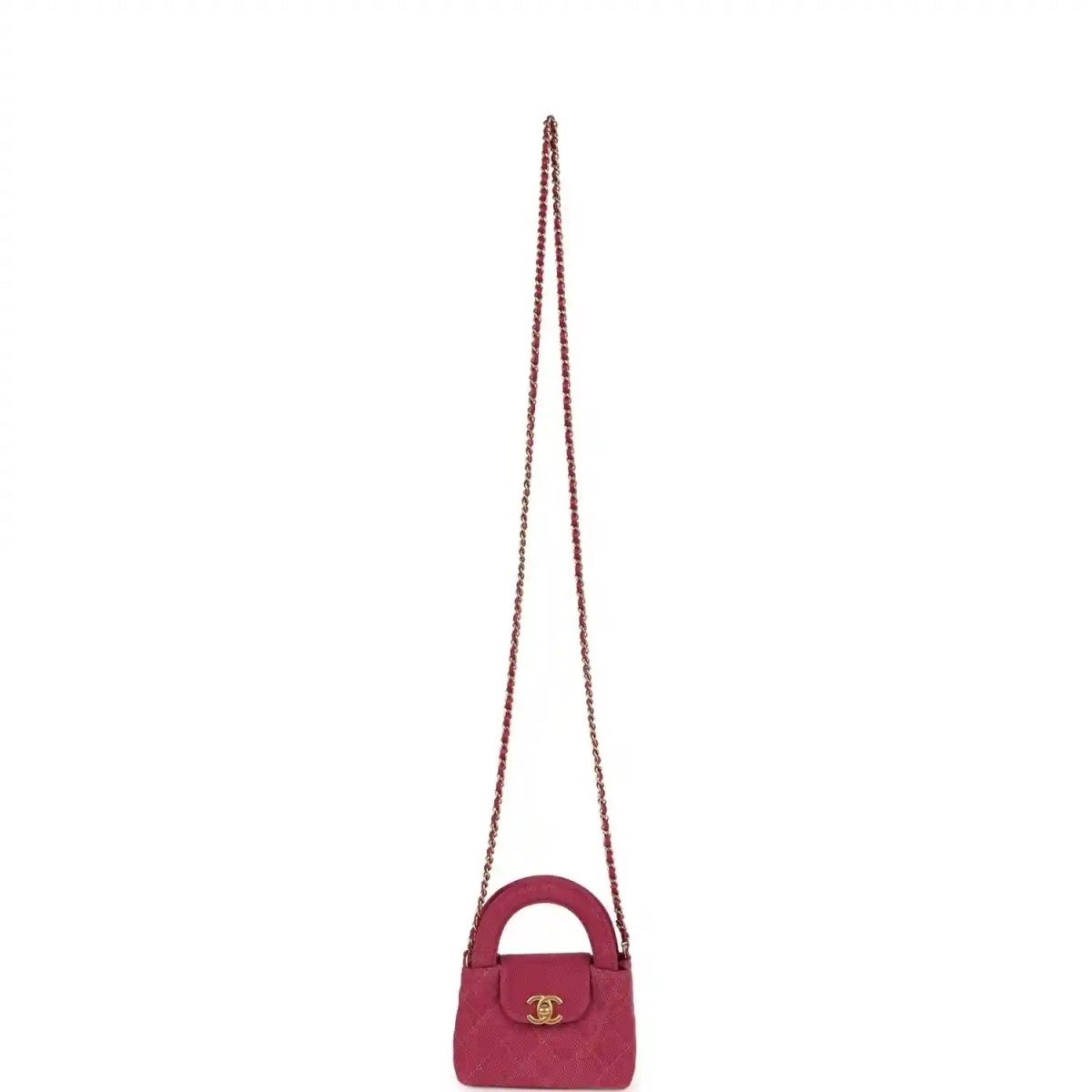Fuchsia denim mini crossbody bag with short top handle, gold CC emblem, chain strap