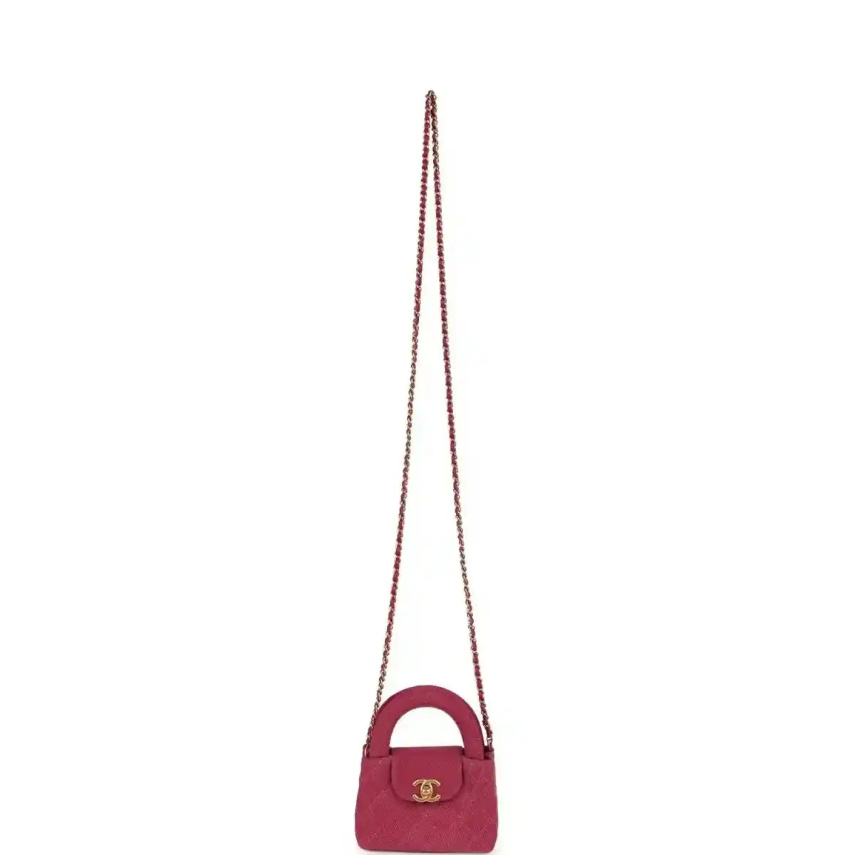 Fuchsia denim mini crossbody bag with short top handle, gold CC emblem, chain strap