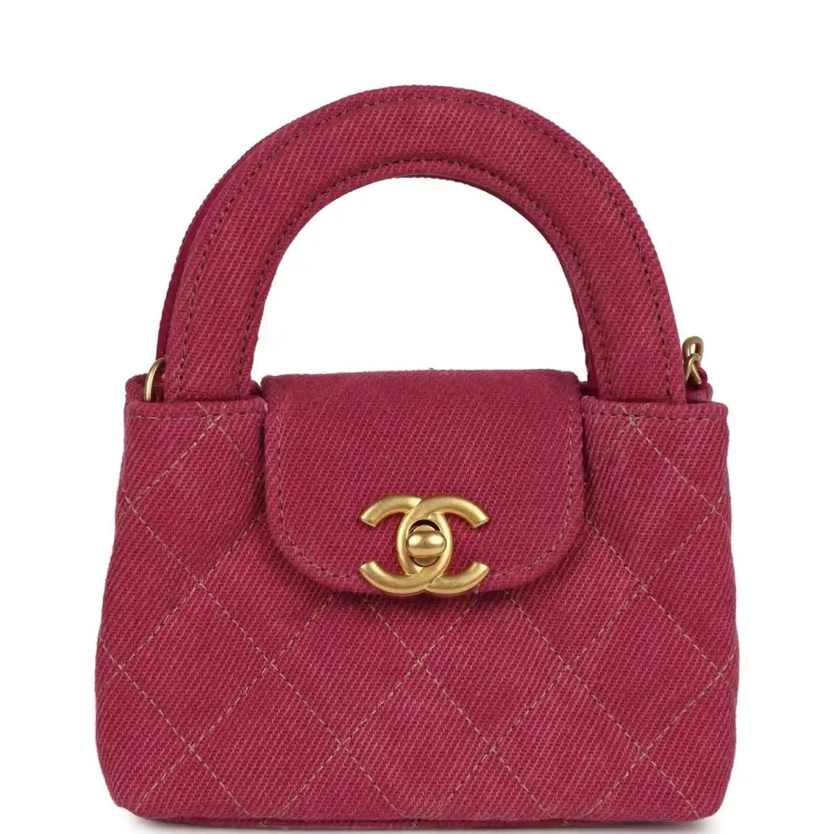 Fuchsia washed denim mini tote bag with quilted pattern and gold CC clasp