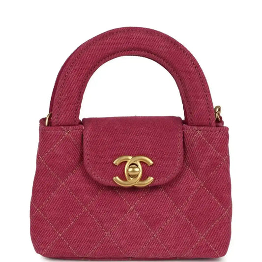 Fuchsia washed denim mini tote bag with quilted pattern and gold CC clasp
