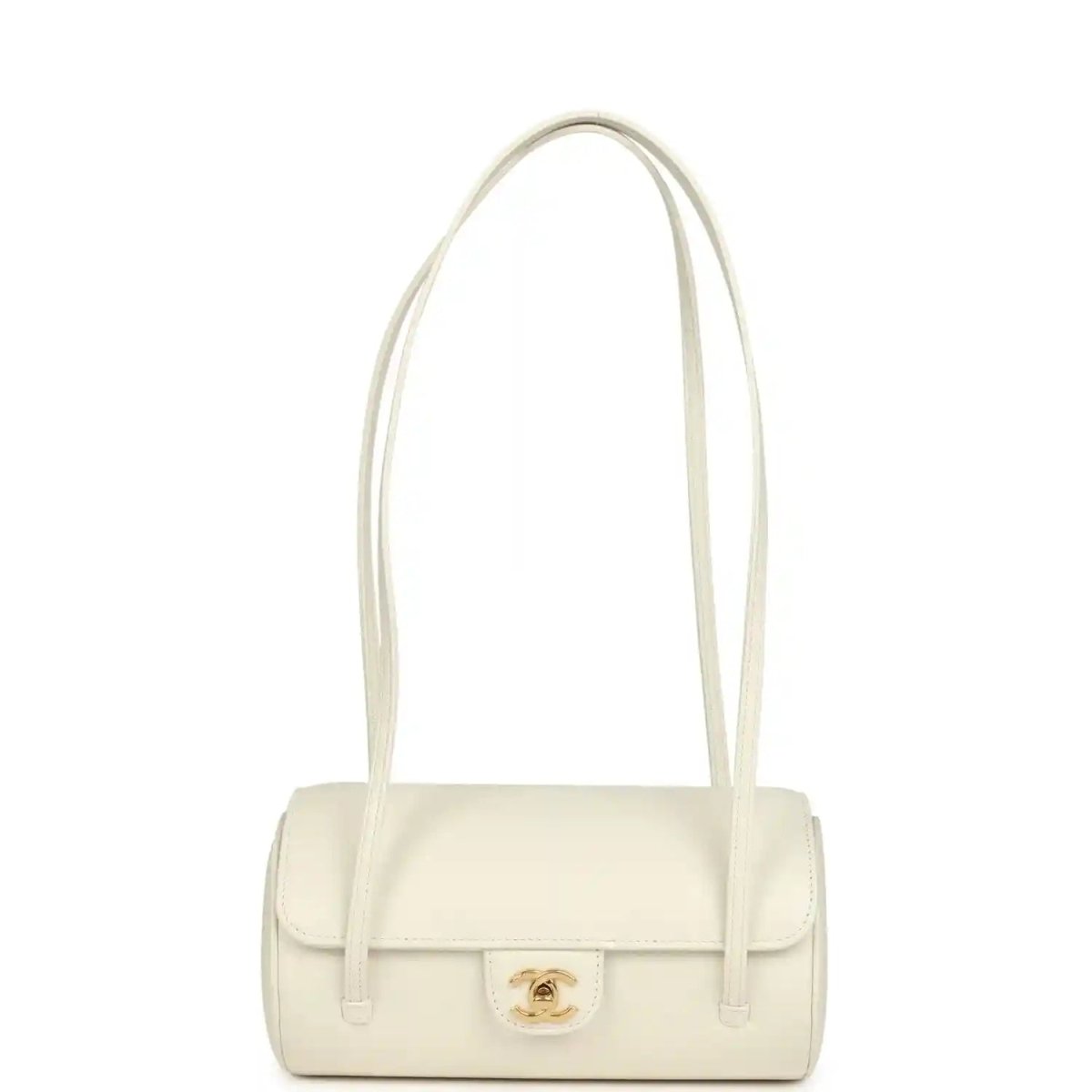 Chanel preppy bowling bag, white shiny caviar leather, handles and front flap