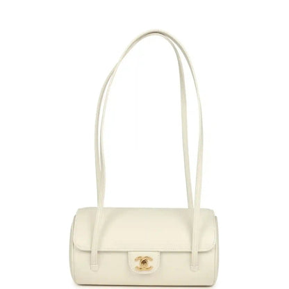 Chanel preppy bowling bag, white shiny caviar leather, handles and front flap