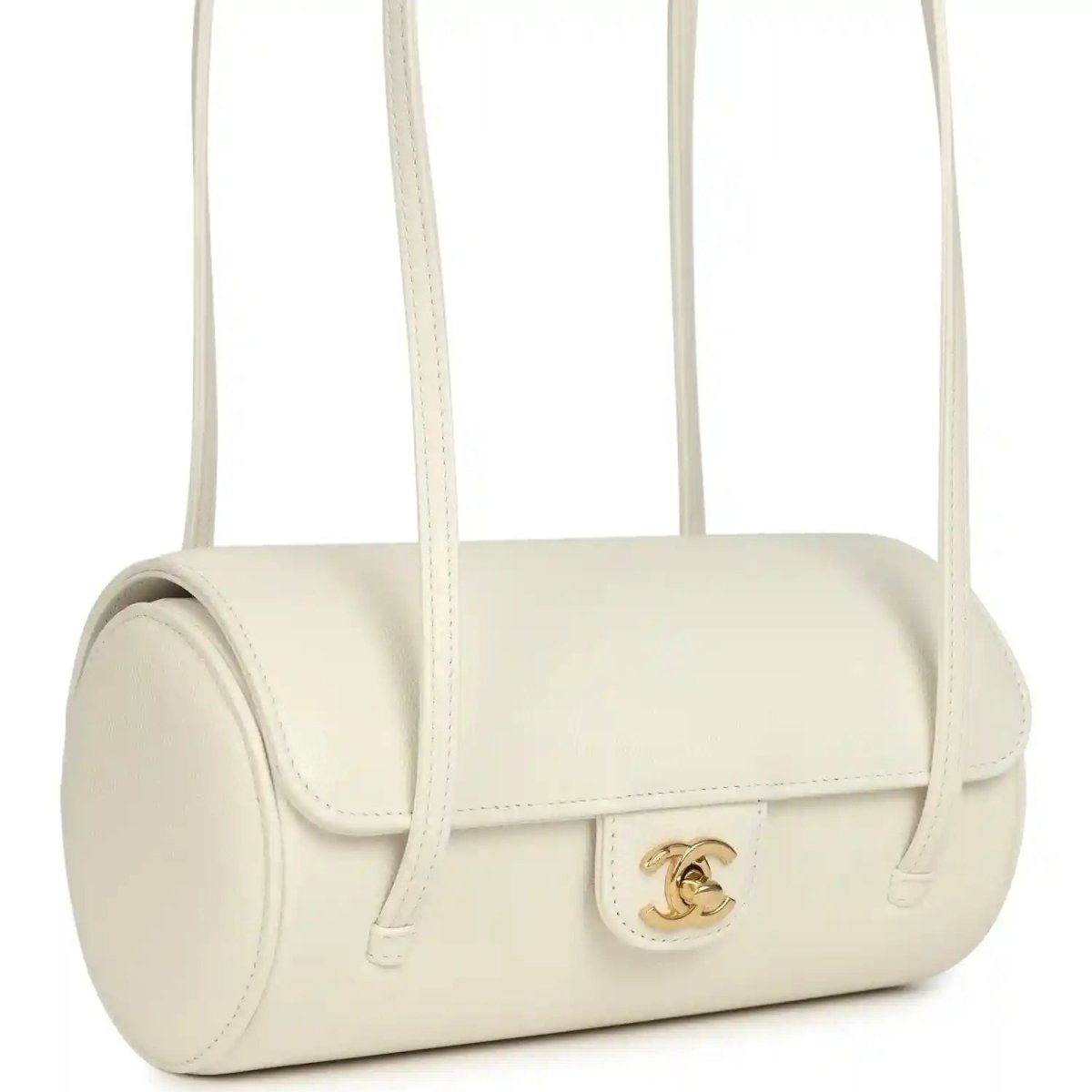 Chanel preppy bowling bag, white shiny caviar leather, side view with gold logo