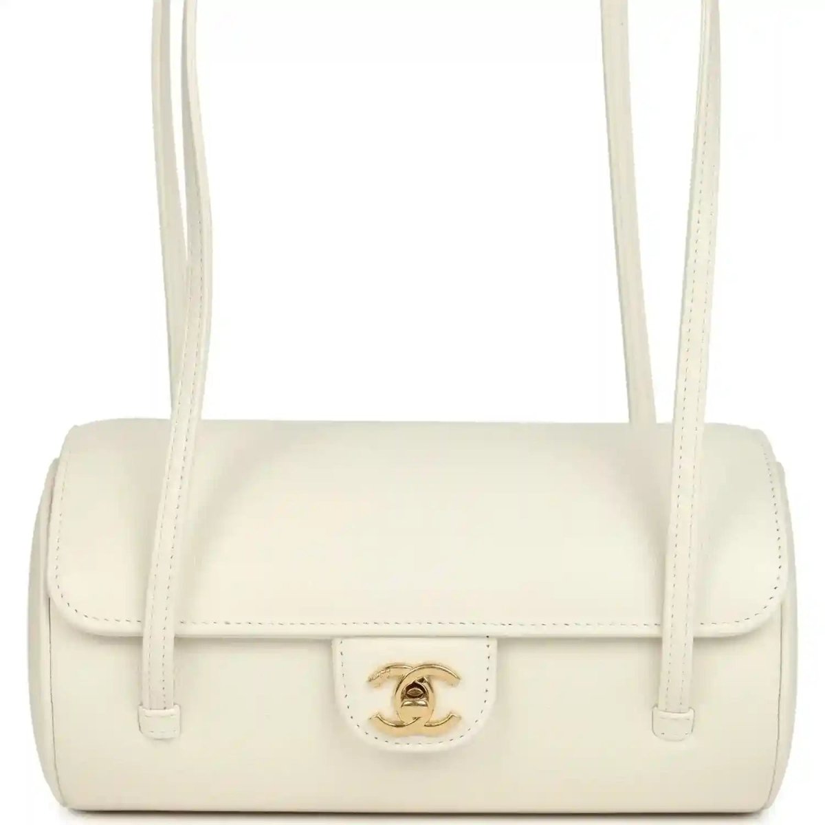 Chanel preppy bowling bag, white shiny caviar leather, front profile with gold emblem