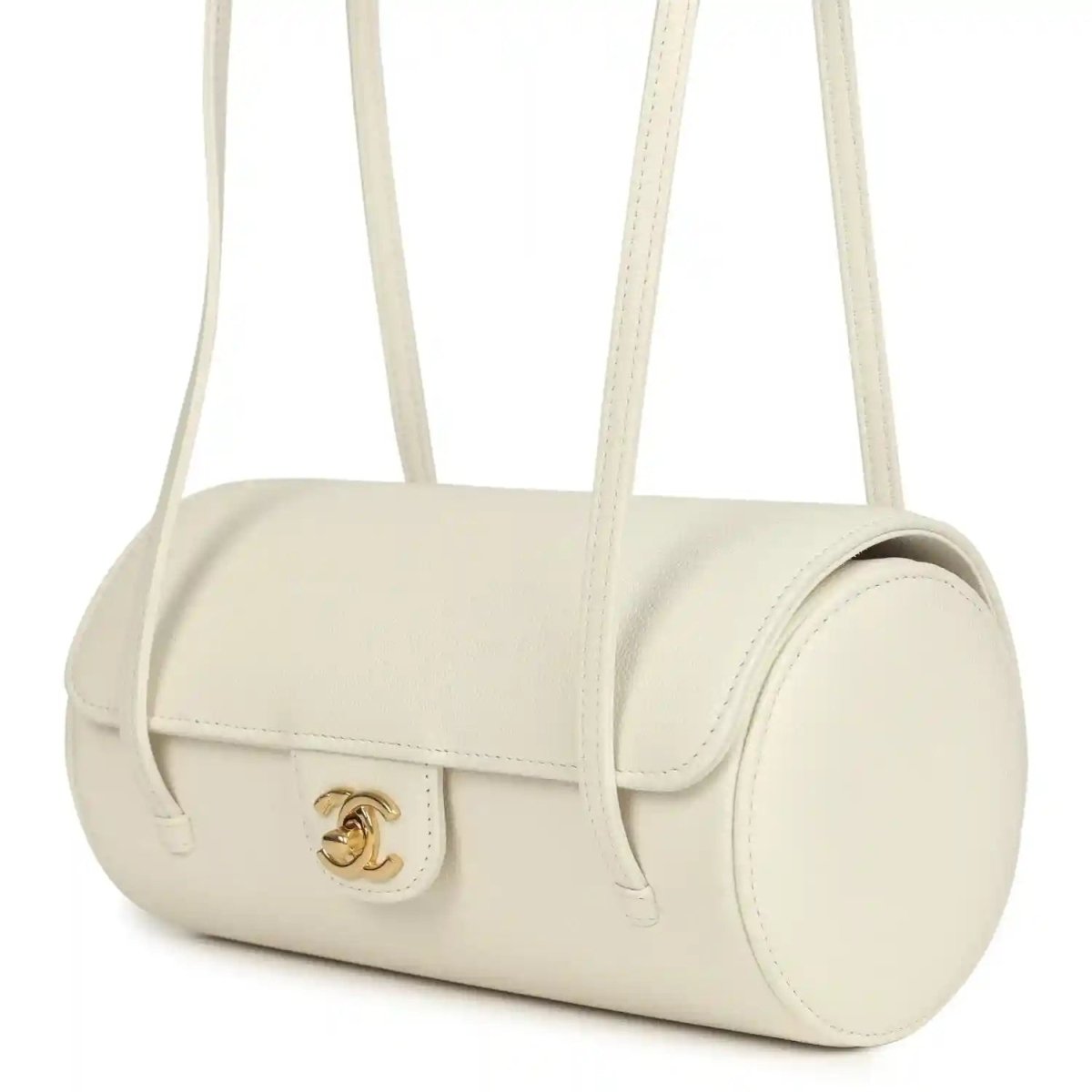 Chanel preppy bowling bag, white shiny caviar leather, top flap with gold logo