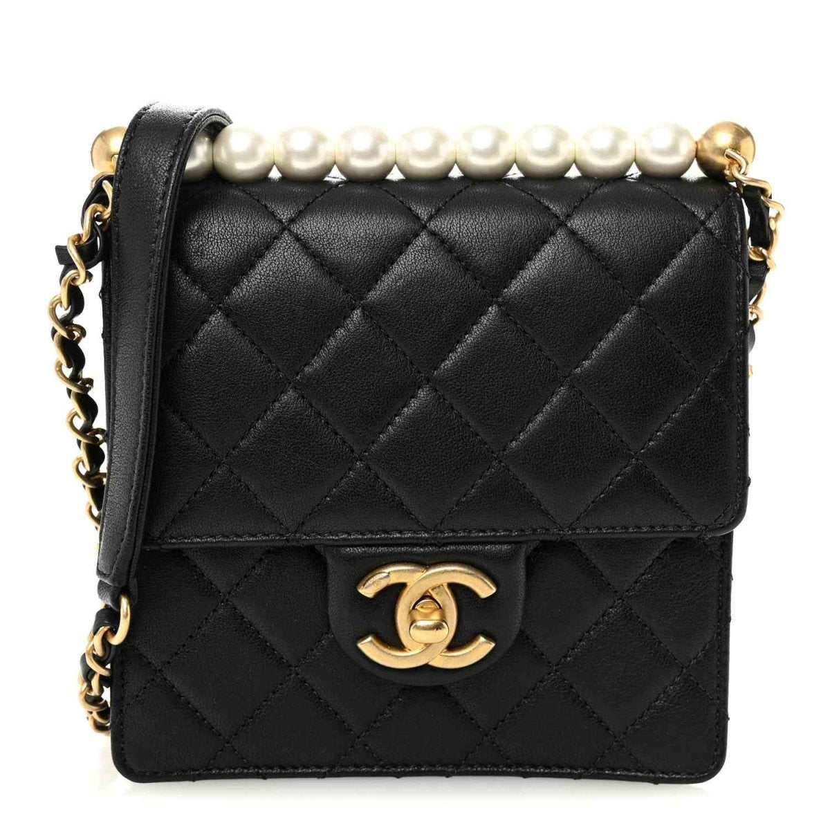 Chanel quilted black goatskin flap bag with faux pearl top detail and gold-tone CC clasp