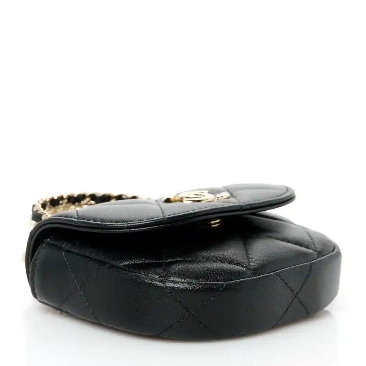 Black quilted leather clutch with hinged flap and gold-tone chain