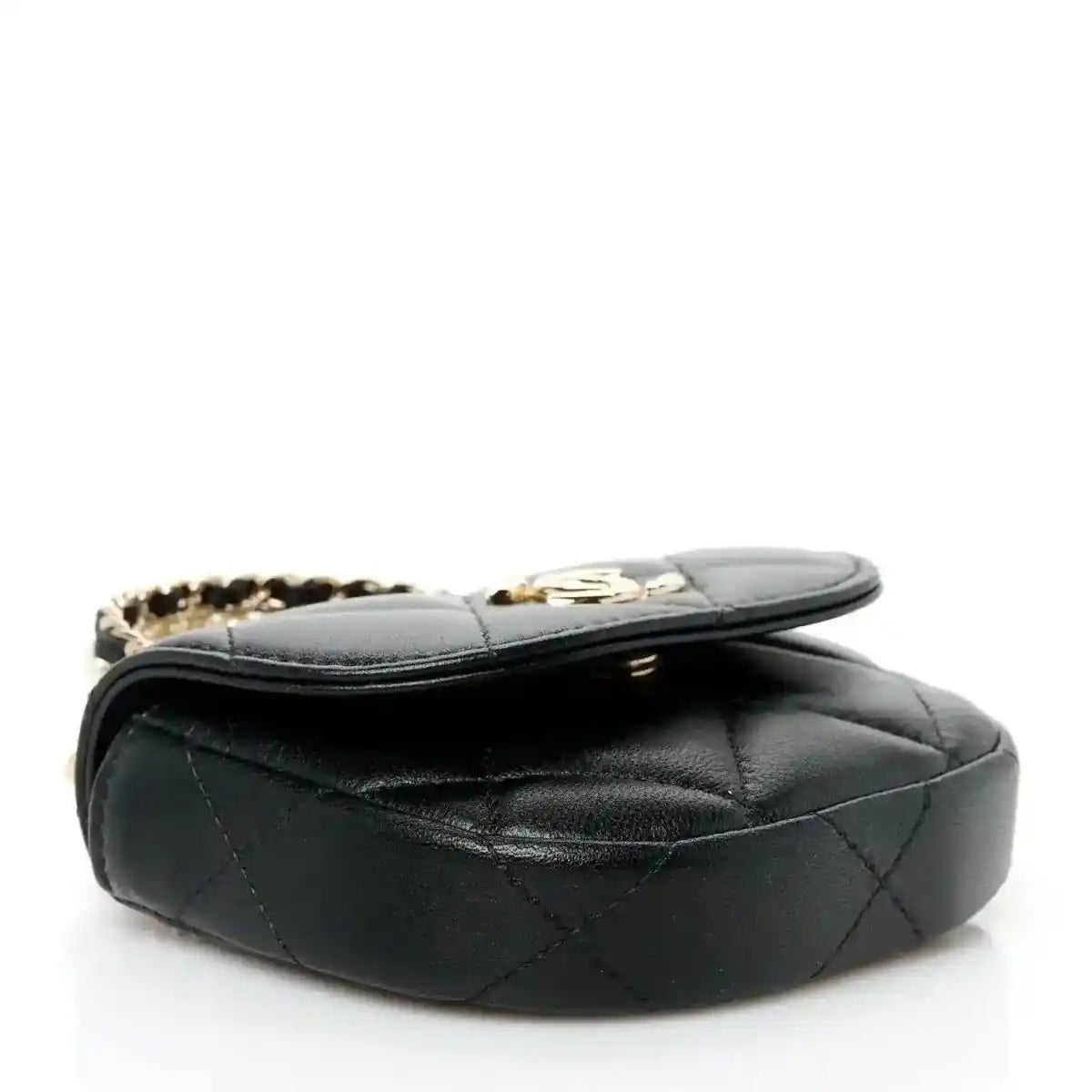 Black quilted leather clutch with hinged flap and gold-tone chain