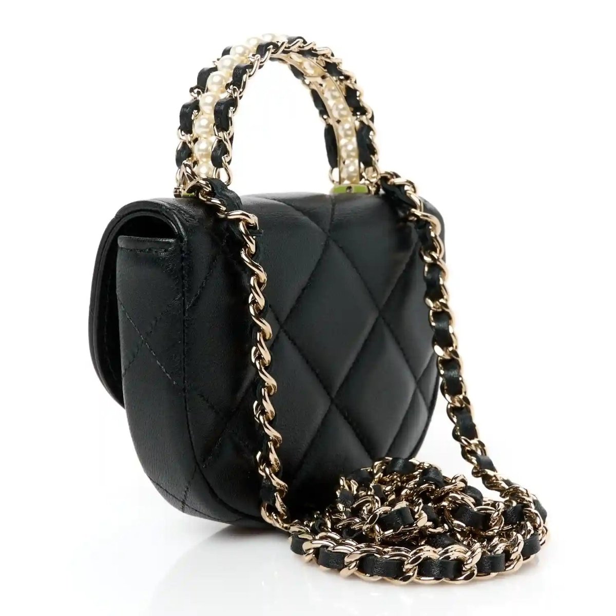 Black quilted leather top-handle clutch with long gold-tone chain strap