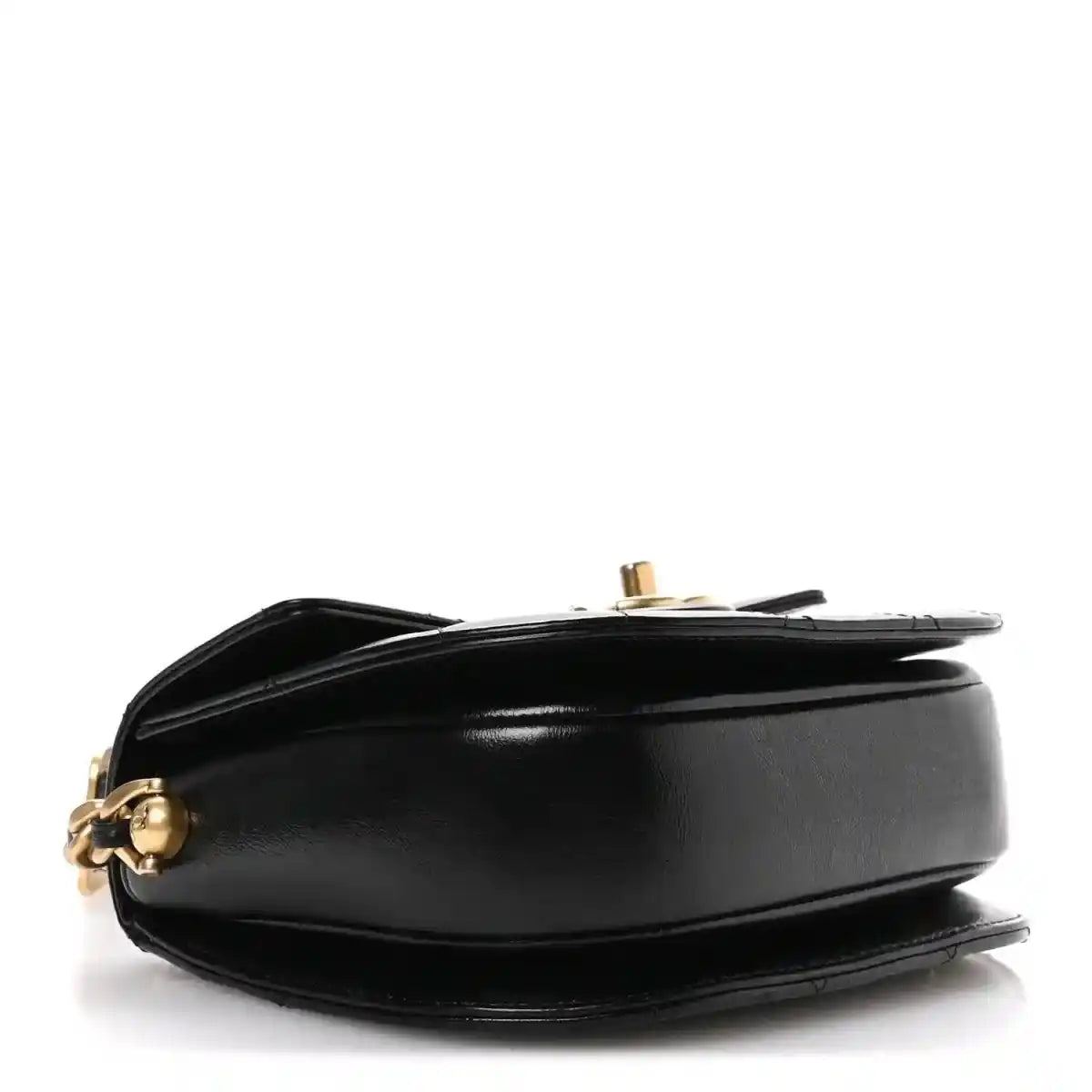 Black leather moon messenger bag side view with gold-tone clasp hardware