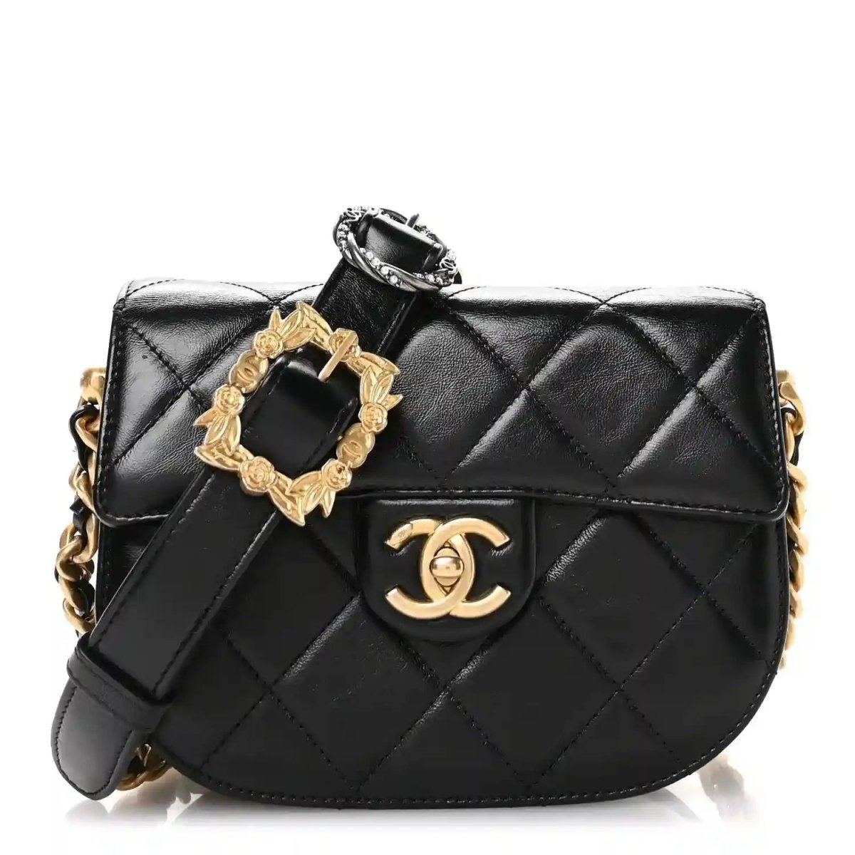 Black quilted calfskin moon messenger bag with gold buckle and chain strap