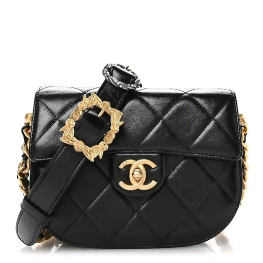 Black quilted calfskin moon messenger bag with gold buckle and chain strap