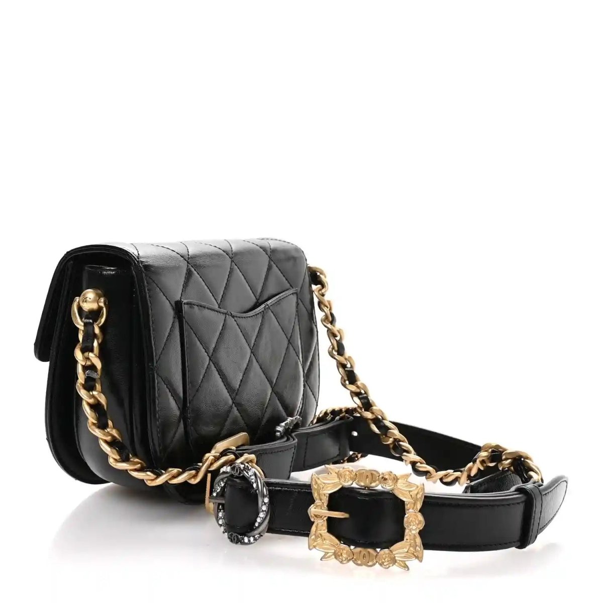 Black quilted leather moon messenger bag with gold chain strap and buckle clasp