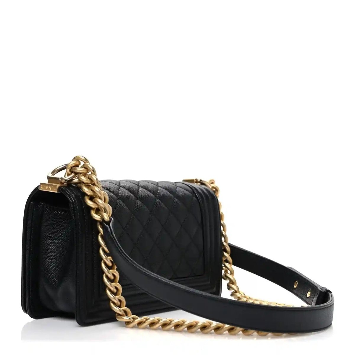 Small black quilted flap bag with gold chain strap and structured front turn-lock