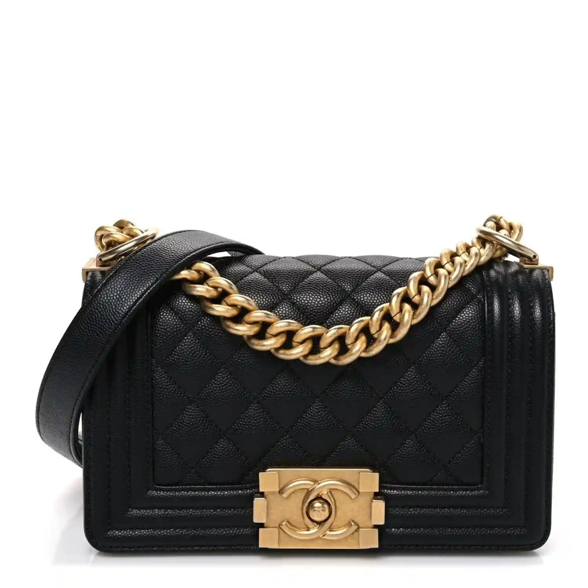 Small black quilted flap bag with gold-tone chain and front turn-lock clasp