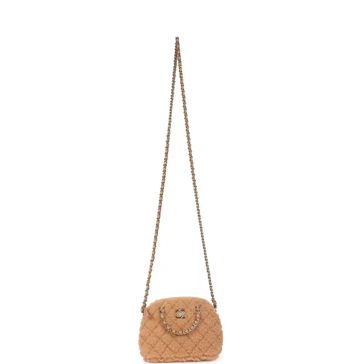 Beige shearling mini crossbody bag with gold chain strap and front smile logo