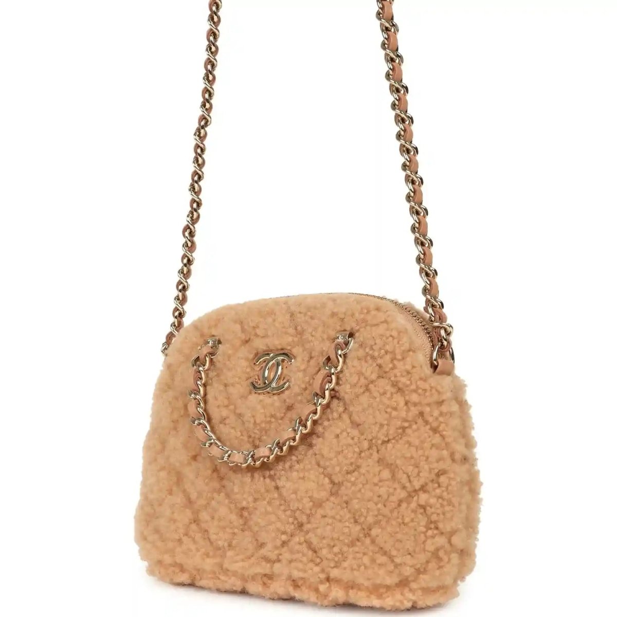 Beige shearling crossbody bag with gold chain strap and front CC logo on flap