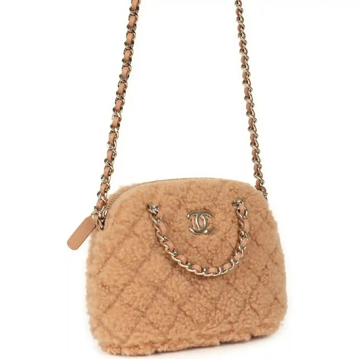 Beige shearling crossbody bag with gold chain, front CC emblem, and small flap
