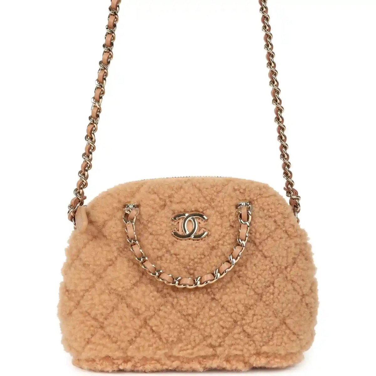 Beige shearling small crossbody bag with gold chain and front CC logo hardware