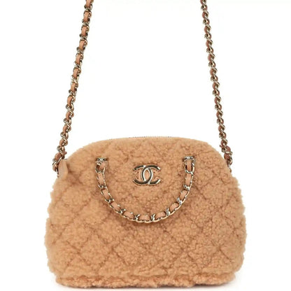 Beige shearling small crossbody bag with gold chain and front CC logo hardware