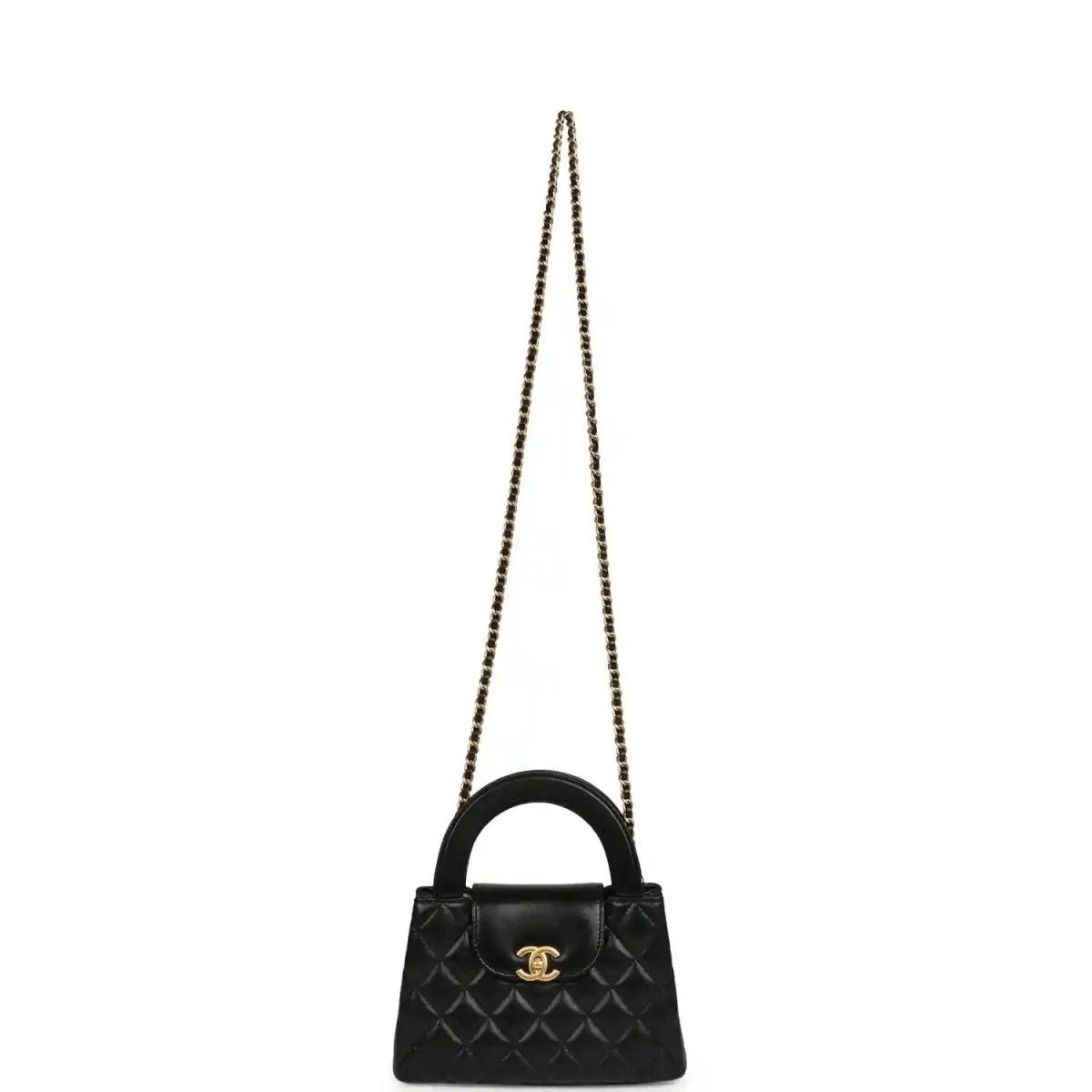 Chanel Kelly mini shopper bag in black quilted leather with long chain strap and CC detail