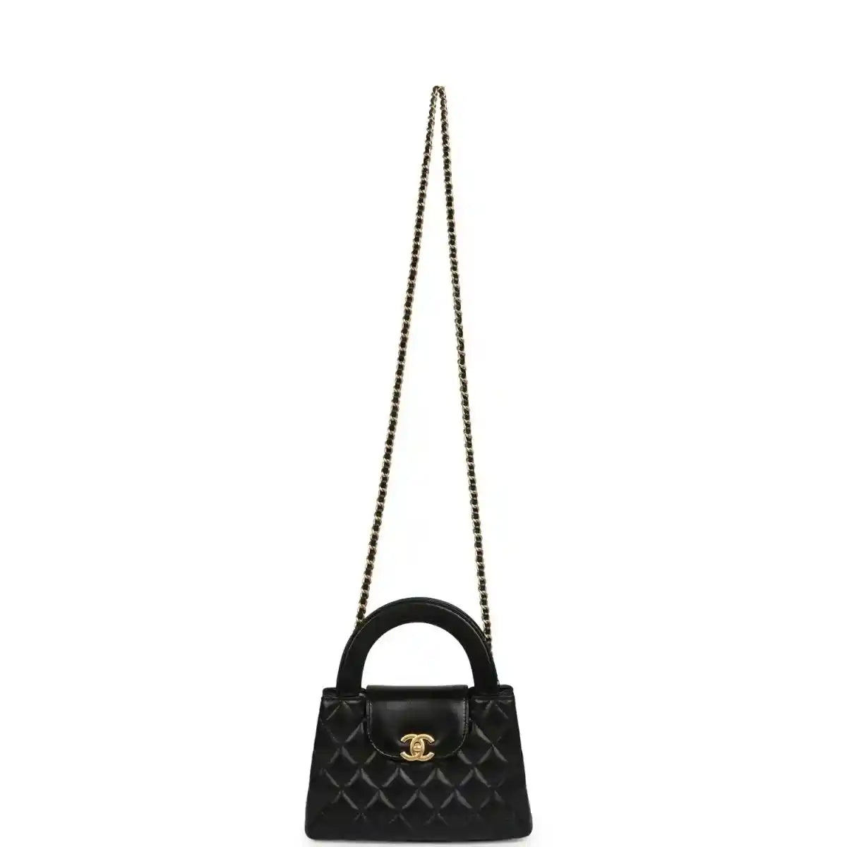 Chanel Kelly mini shopper bag in black quilted leather with long chain strap and CC detail
