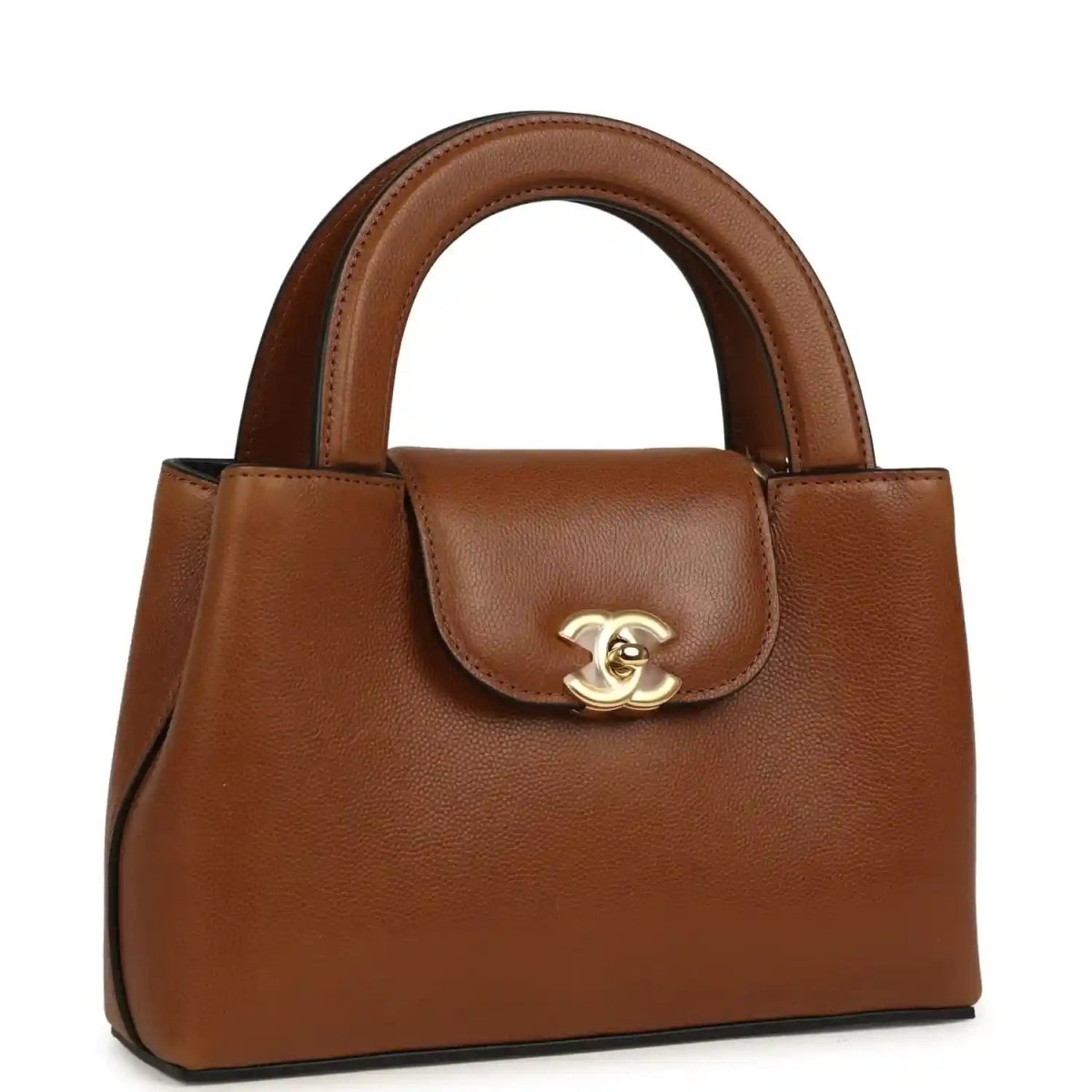 Chanel Small Kelly shopper bag in camel caviar leather, front view with flap clasp