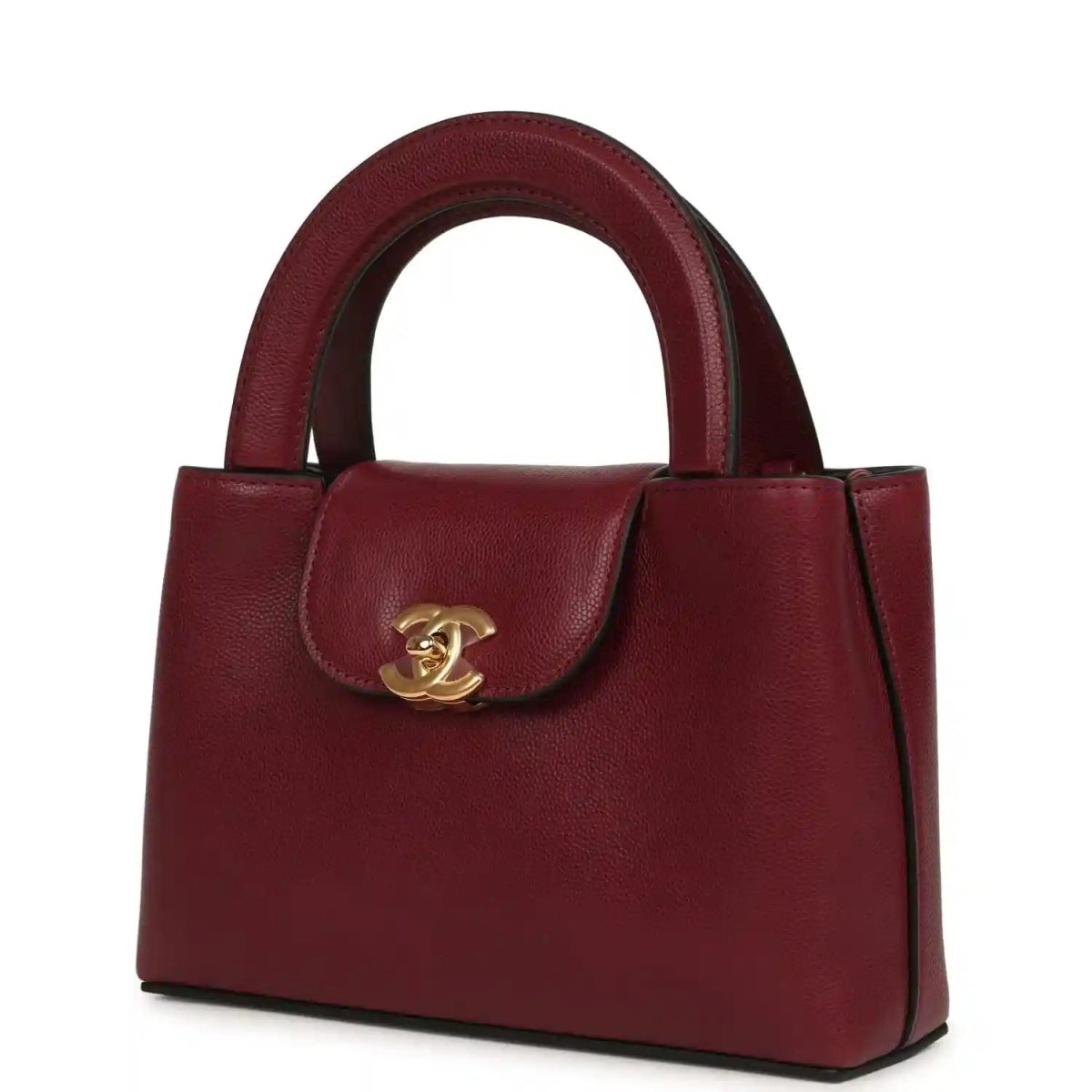 Dark burgundy caviar leather mini shopper bag front view with gold CC clasp