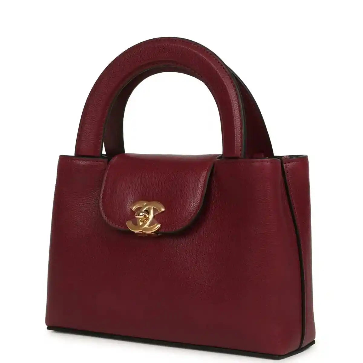 Dark burgundy caviar leather mini shopper bag front view with gold CC clasp